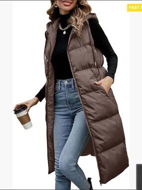 Long Quilted Puffer Vest Hooded Sleeveless Zip Up Coat Jacket With Pockets